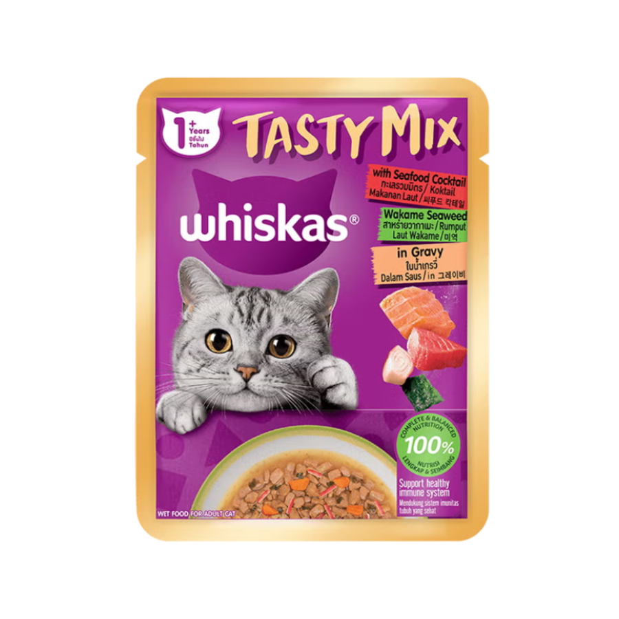 WHISKAS Tasty Mix Pouch Cat Wet Food in Gravy & Jelly - Junior/Adult 70g (28-Pack)