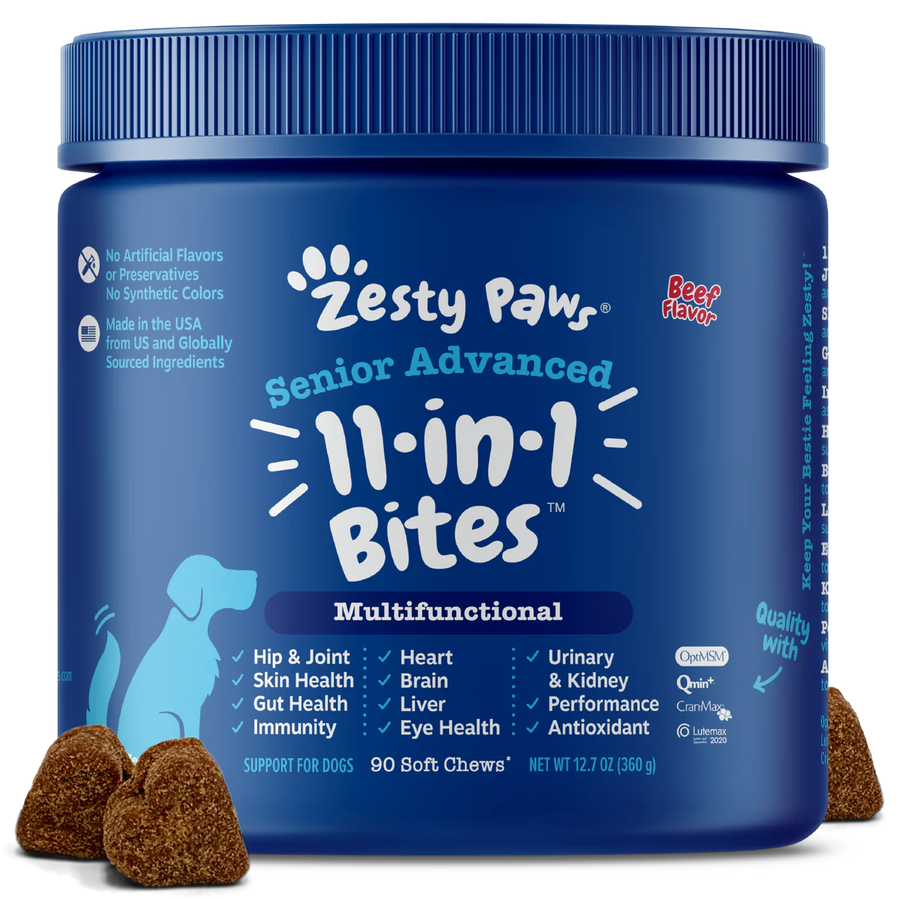 Zesty Paws Senior Advanced 11-in-1 Multifunctional Bites Chicken Dog Supplements 90ct