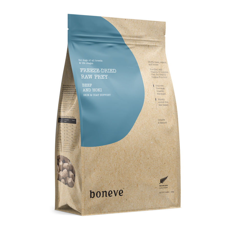 Boneve Dog Treat Freeze-Dried Raw Prey Free-Range Grass-Fed Beef Hoki (2 Sizes)