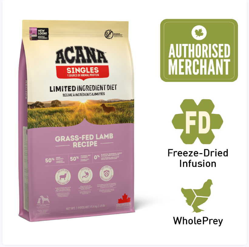ACANA Singles Grass-Fed Lamb Dry Dog Food 2kg / 6kg / 11.4kg | Lamb Recipe Dog Kibble Canada
