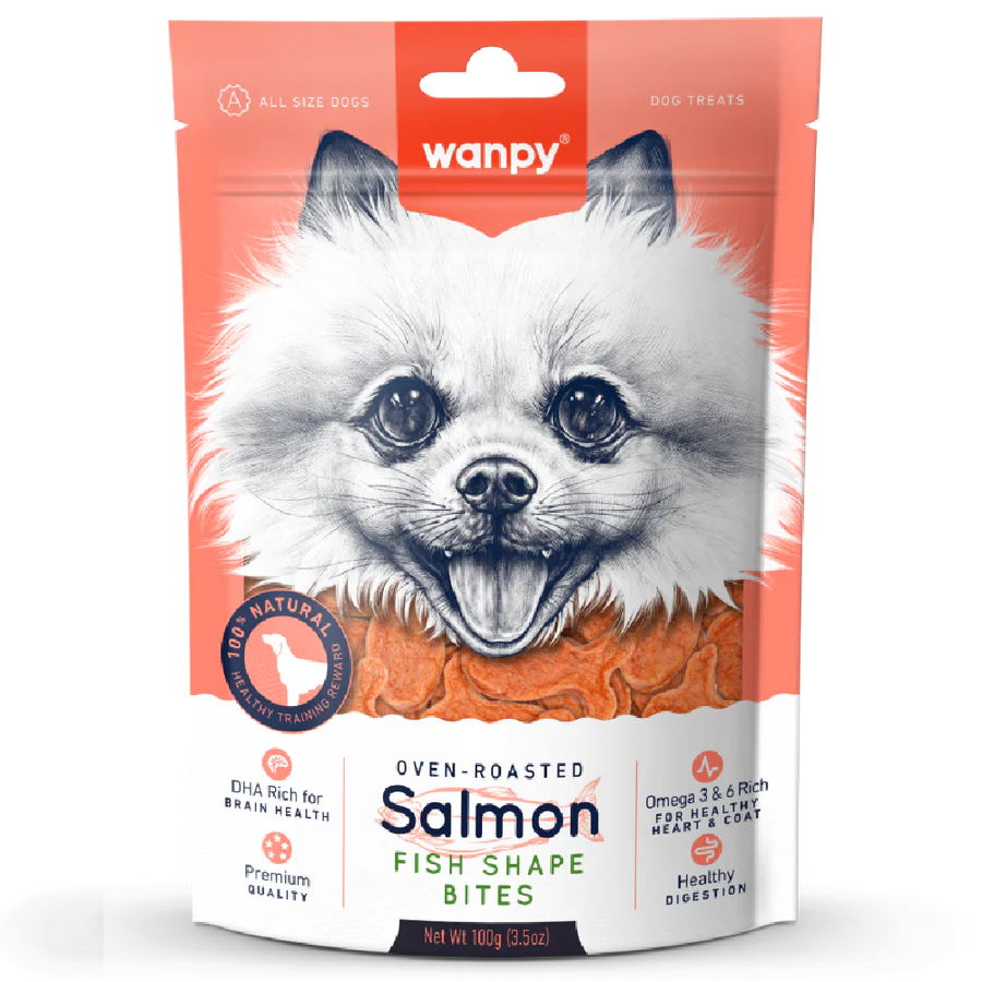 Wanpy Oven-Roasted Salmon Fish Shape Bites Dog Treats 100g X3