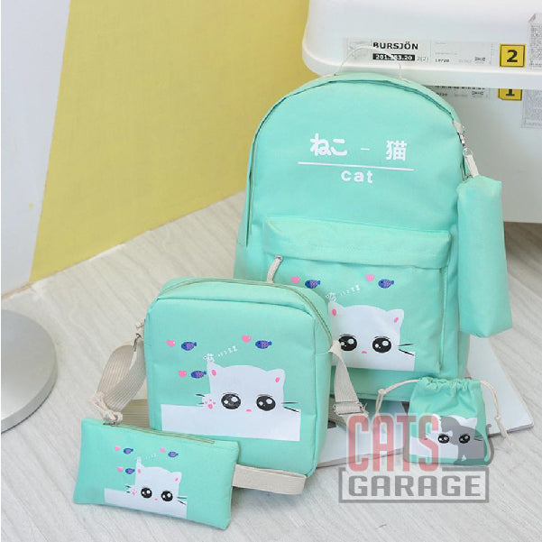 5Pcs Cartoon Cat Backpack/Sling/Handbag/Purse&Wallet Bag - GREEN