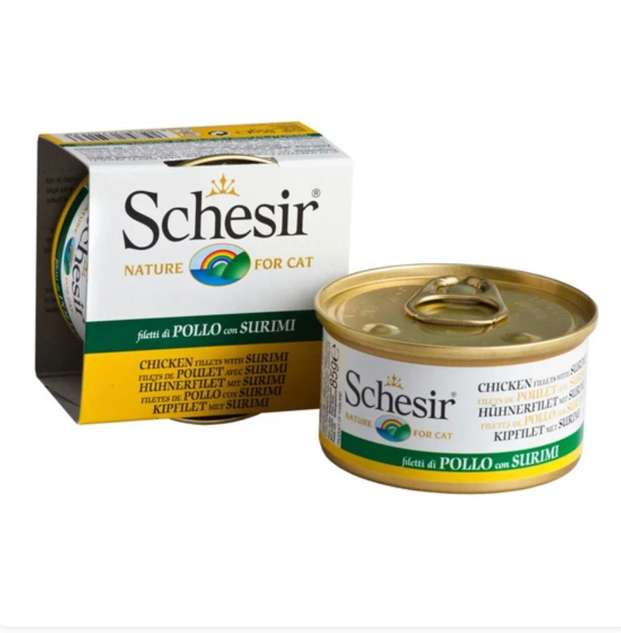 Schesir Chicken Fillet with Surimi in Jelly Canned Cat Food 85g Schesir Chicken Fillet with Aloe in Jelly For Kittens Canned Cat Food 85g X14
