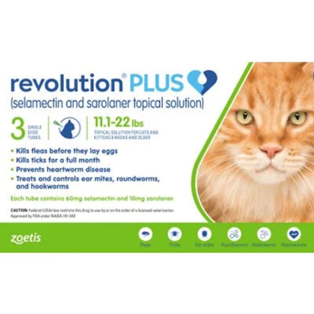 Revolution Plus Selamectin & Sarolaner Topical Solution for Cats (5.1-10kg) Green 3pcs