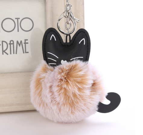 Cat Keychain Pompoms - KHAKI