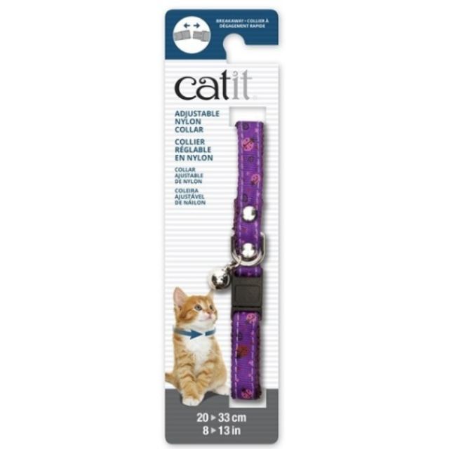 Catit Adjustable Breakaway Nylon Collar with Rivets Purple with Ladybugs