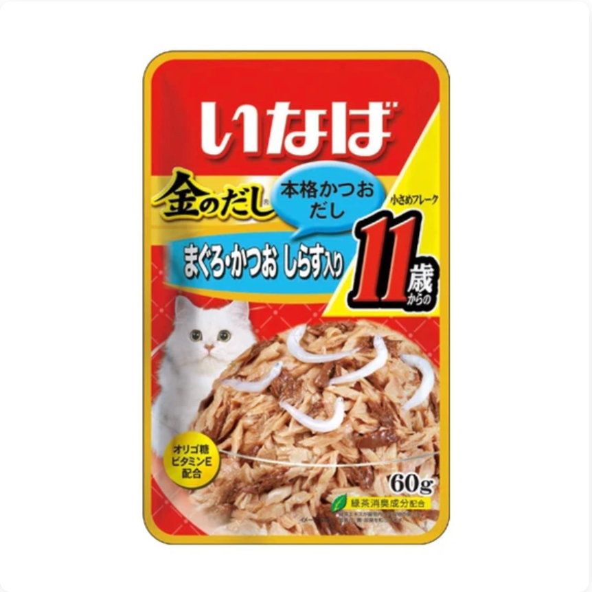 CIAO Golden Stock Small Tuna Flakes With Whitebait For Mature Cat 11+ 60g x 12 Pouch