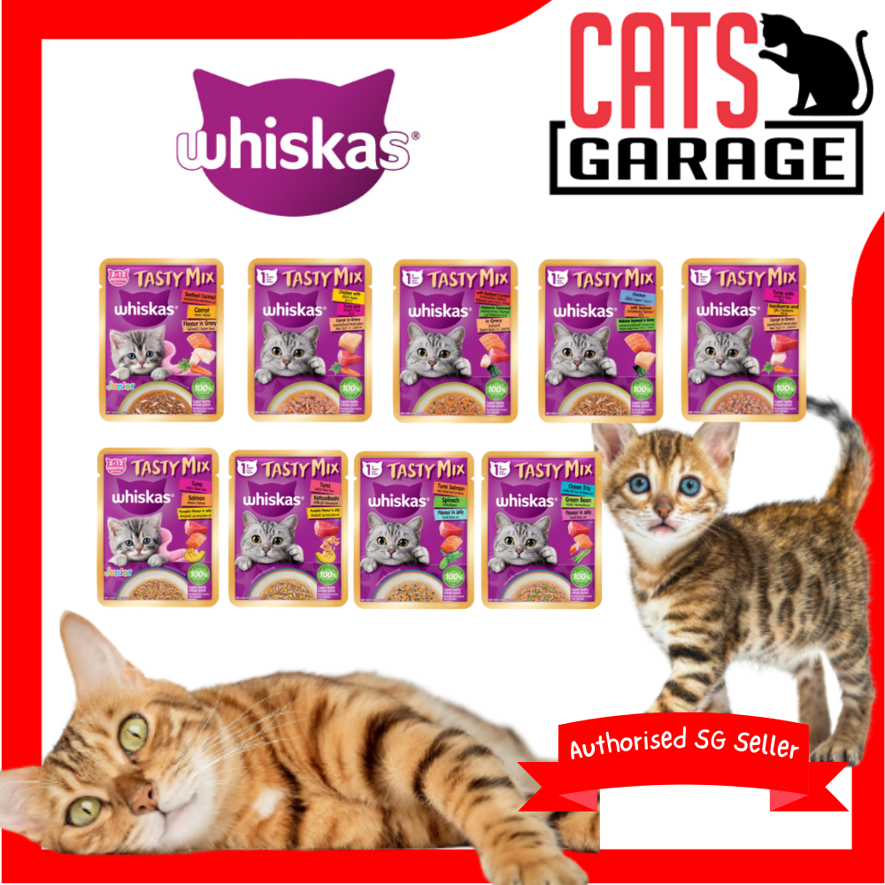WHISKAS Tasty Mix Pouch Cat Wet Food in Gravy & Jelly - Junior/Adult 70g (28-Pack)