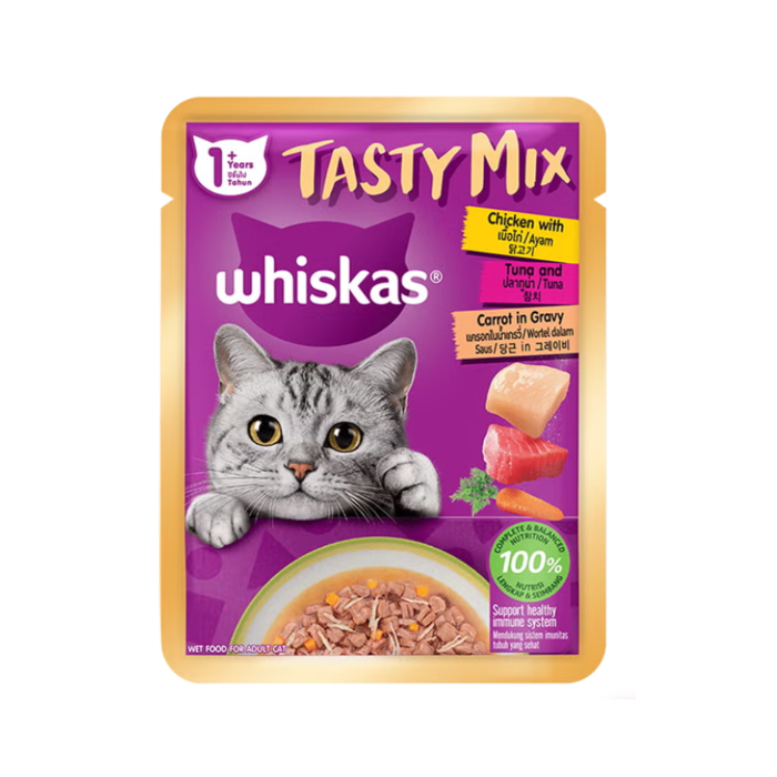 WHISKAS Tasty Mix Pouch Cat Wet Food in Gravy & Jelly - Junior/Adult 70g (28-Pack)