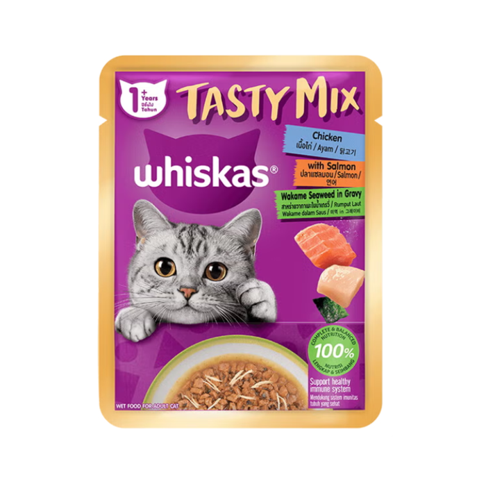 WHISKAS Tasty Mix Pouch Cat Wet Food in Gravy & Jelly - Junior/Adult 70g (28-Pack)