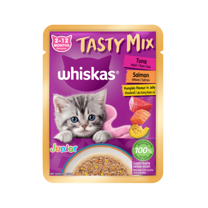 WHISKAS Tasty Mix Pouch Cat Wet Food in Gravy & Jelly - Junior/Adult 70g (28-Pack)