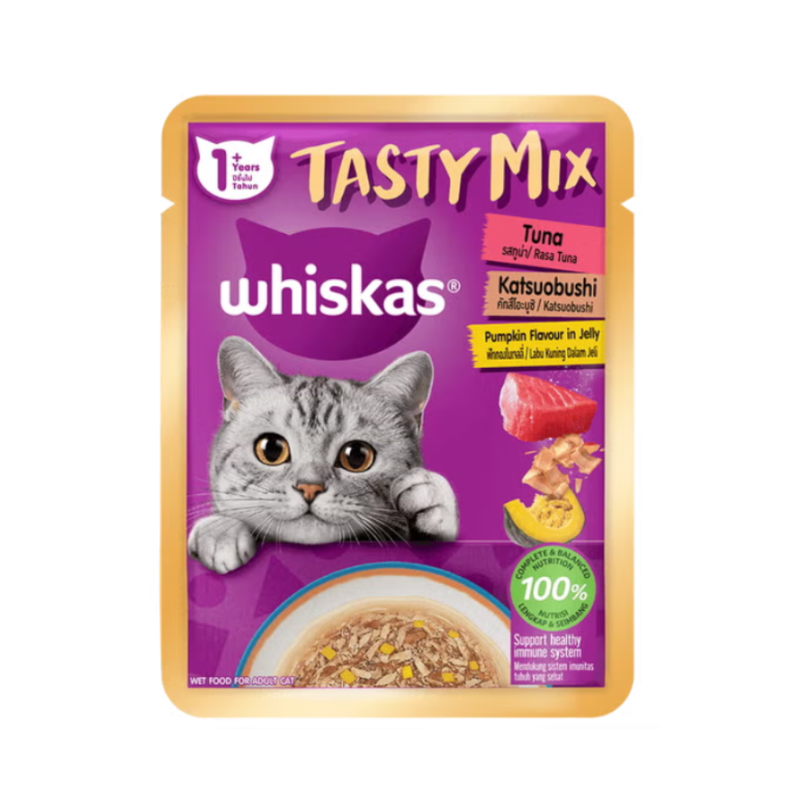 WHISKAS Tasty Mix Pouch Cat Wet Food in Gravy & Jelly - Junior/Adult 70g (28-Pack)