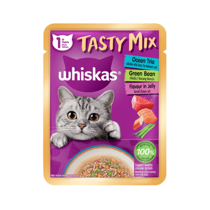 WHISKAS Tasty Mix Pouch Cat Wet Food in Gravy & Jelly - Junior/Adult 70g (28-Pack)