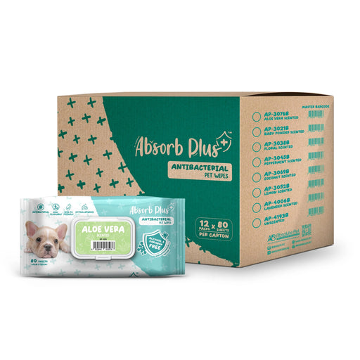 Absorb Plus Antibacterial Pet Wipes Aloe Vera Alcohol & Paraben Free 80pcs x 12