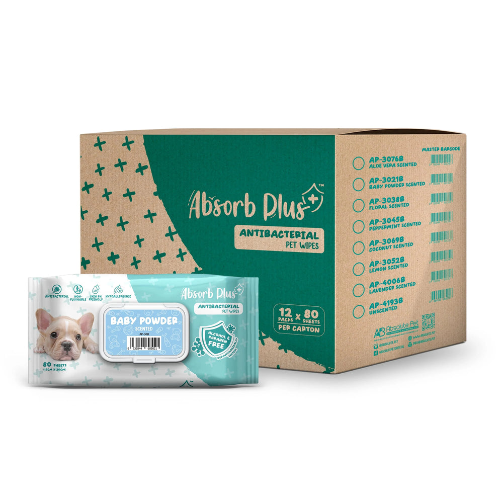Absorb Plus Antibacterial Pet Wipes Baby Powder Alcohol & Paraben Free 80pcs x 12