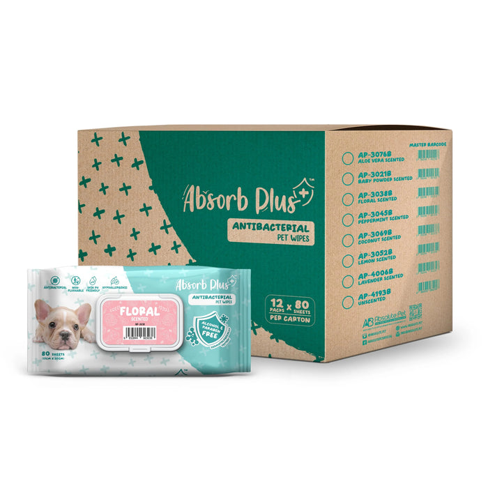 Absorb Plus Antibacterial Pet Wipes Floral Alcohol & Paraben Free 80pcs x 12