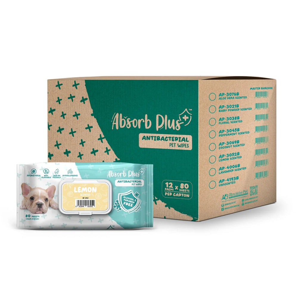 Absorb Plus Antibacterial Pet Wipes Lemon Alcohol & Paraben Free 80pcs x 12