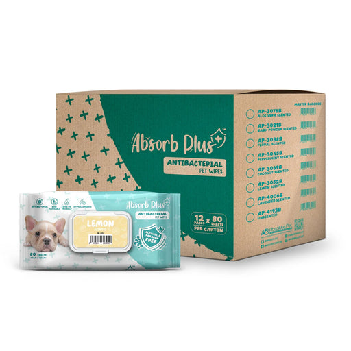 Absorb Plus Antibacterial Pet Wipes Lemon Alcohol & Paraben Free 80pcs x 12