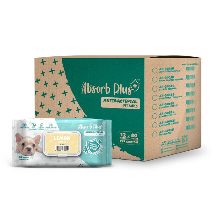 Absorb Plus Antibacterial Pet Wipes Lemon Alcohol & Paraben Free 80pcs x 12