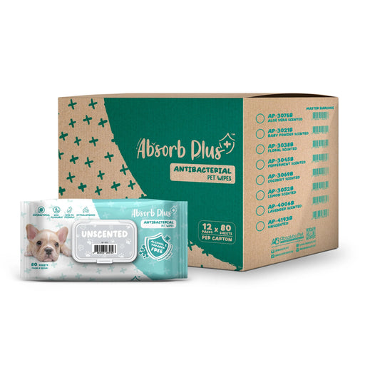 Absorb Plus Antibacterial Pet Wipes Unscented Alcohol & Paraben Free 80pcs x 12