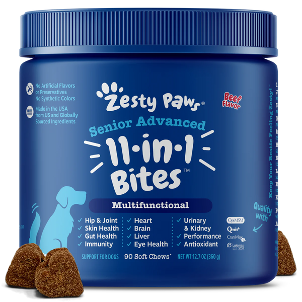 Zesty Paws Senior Advanced 11-in-1 Multifunctional Bites Chicken Dog Supplements 90ct
