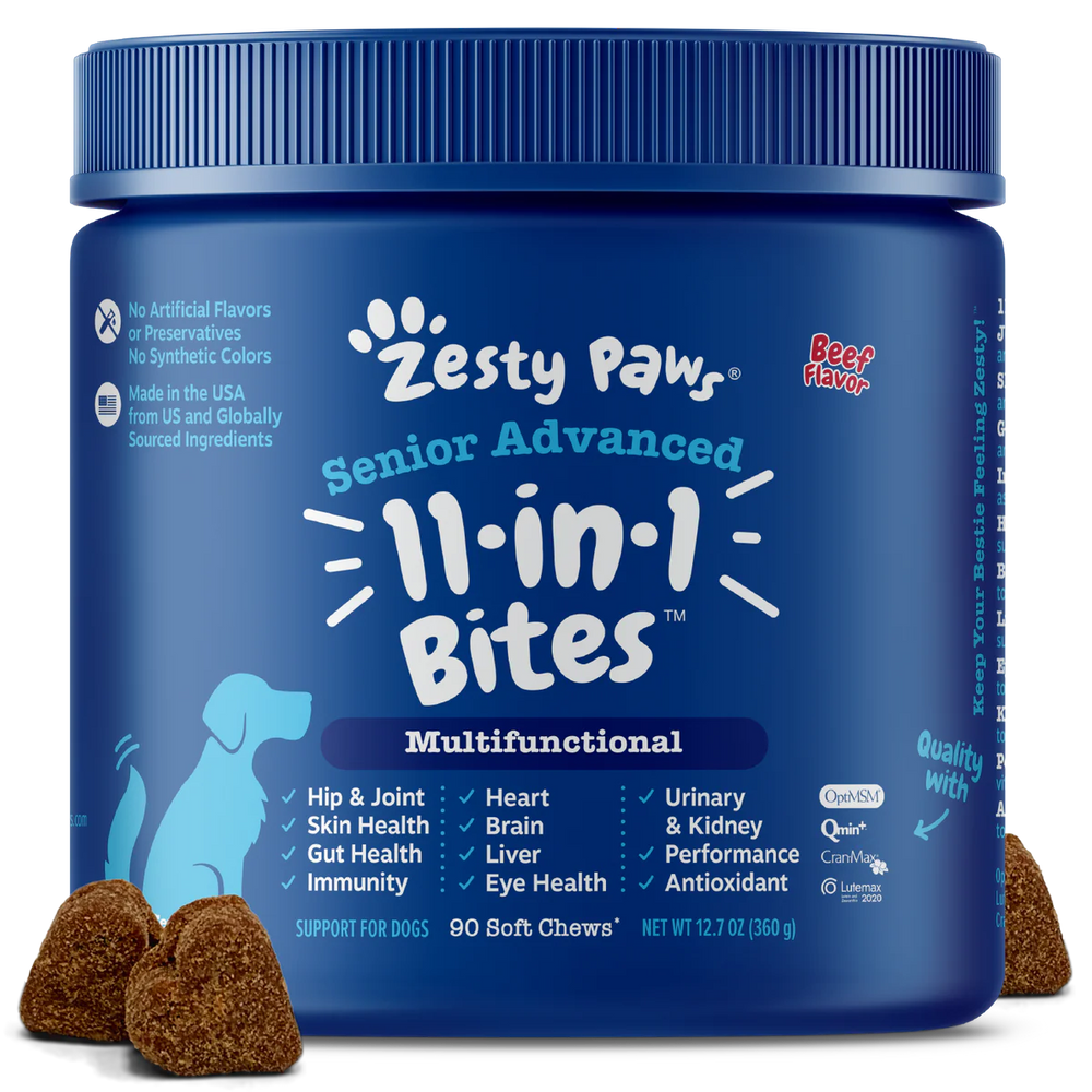 Zesty Paws Senior Advanced 11-in-1 Multifunctional Bites Chicken Dog Supplements 90ct