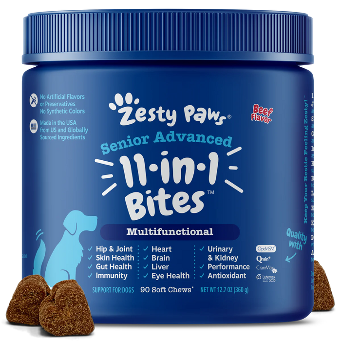 Zesty Paws Senior Advanced 11-in-1 Multifunctional Bites Chicken Dog Supplements 90ct