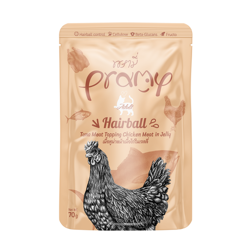 Pramy Hairball Tuna Meat Topping Chicken Meat in Jelly 70g X12