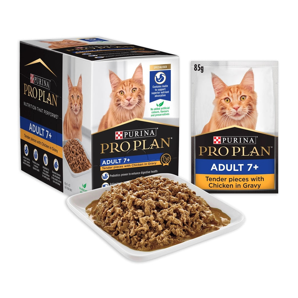 Purina Pro Plan Feline Adult 7+ Chicken In Gravy Pouch Wet Cat Food 85g X12