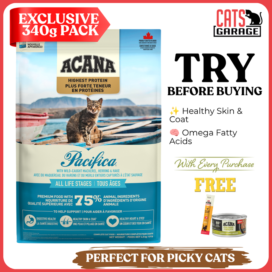 [TRIAL SIZE] ACANA Pacifica Dry Cat Food 340g | Fish Recipe Cat Kibble Adult Cats Omega Rich Nutrition