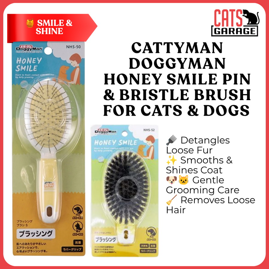 Cattyman DoggyMan Honey Smile Pin & Bristle Brush for Cats & Dogs | Double-Sided Pet Grooming Brush for Detangling & Coat Care