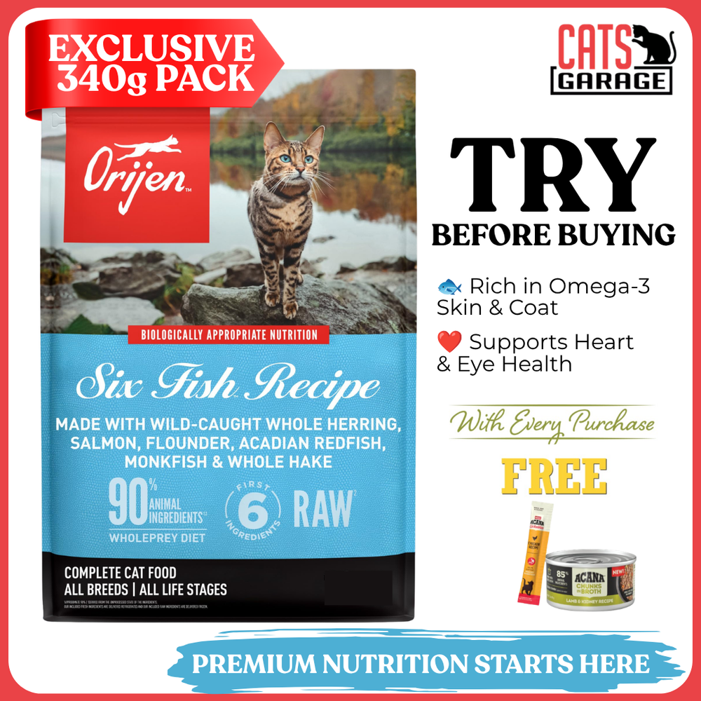 [TRIAL SIZE] ORIJEN Six Fish Cat Food 340g | Freeze-Dried Coated High Protein Dry Cat Kibble Adult Grain Free