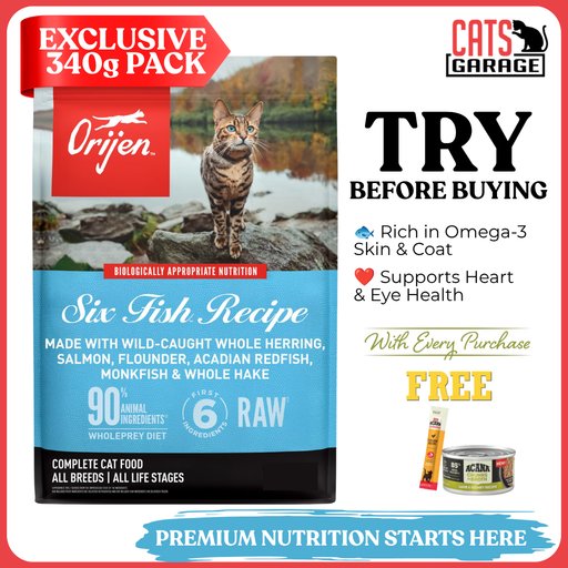 [TRIAL SIZE] ORIJEN Six Fish Cat Food 340g | Freeze-Dried Coated High Protein Dry Cat Kibble Adult Grain Free