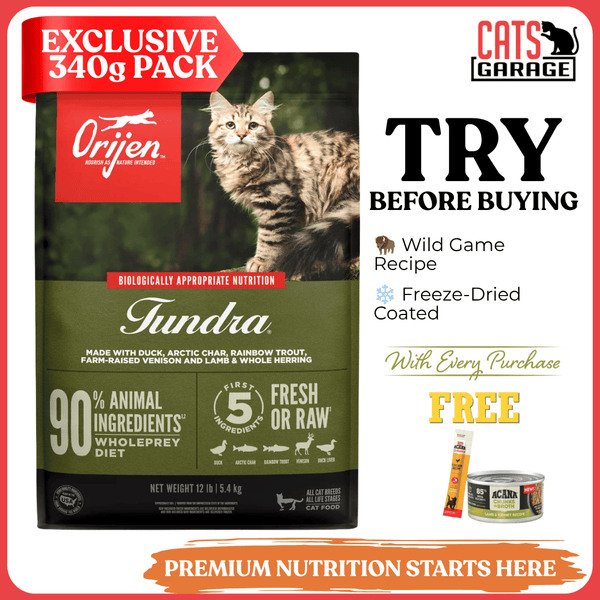 [TRIAL SIZE] ORIJEN Tundra Dry Cat Food 340g | WholePrey Wild Game Recipe Cat Kibble Freeze-Dried Coated Adult Cats
