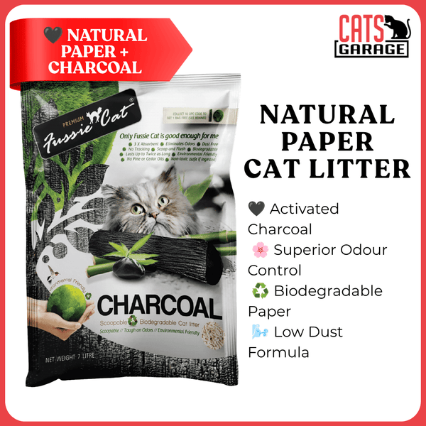 Fussie Cat Natural Paper Cat Litter Charcoal 7L x7 | Biodegradable | Superior Odour Control | Low Dust