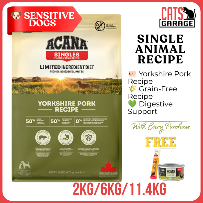 ACANA Singles Yorkshire Pork Dry Dog Food | Pork Recipe Dog Kibble Adult Dogs Grain Free Sensitive Skin & Stomach