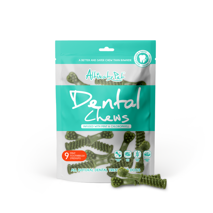 Altimate Pet Dog Dental Chews Infused with Mint & Chlorophyll Mint Toothbrush Medium 9pcs