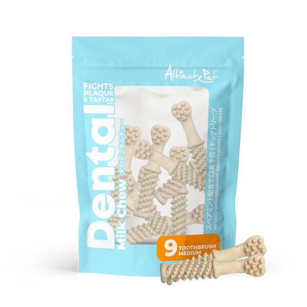 Altimate Pet Dog Dental Chews Infused with Spearmint Breath Strips Milk Toothbrush Medium 9pcs