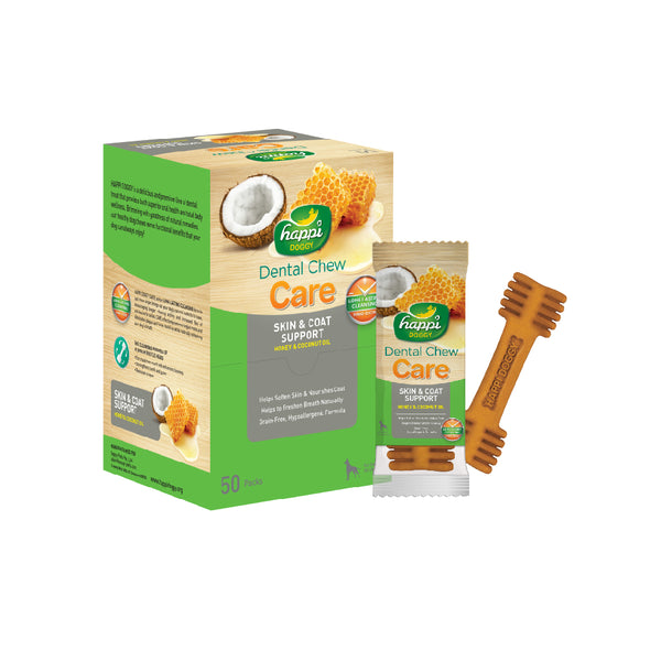 Happi Doggy Dental Chew Care Honey & Coconut Oil Skin & Coat Support 25g X 50 Pcs