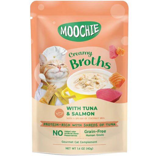 Moochie Creamy Broths With Tuna & Salmon Grain-Free Pouch Cat Food 40g x 16