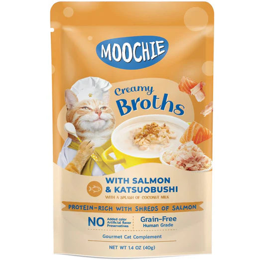 Moochie Creamy Broths With Salmon & Katsuobushi Grain-Free Pouch Cat Food 40g x 16