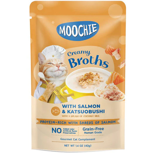 Moochie Creamy Broths With Salmon & Katsuobushi Grain-Free Pouch Cat Food 40g x 16