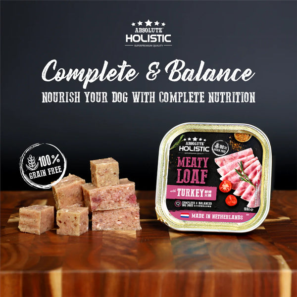 Absolute Holistic Complete & Balanced Meaty Loaf Turkey Wet Tray Food for Dog 100g X16