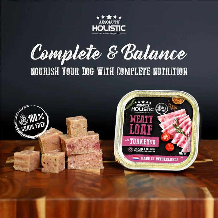 Absolute Holistic Complete & Balanced Meaty Loaf Turkey Wet Tray Food for Dog 100g X16