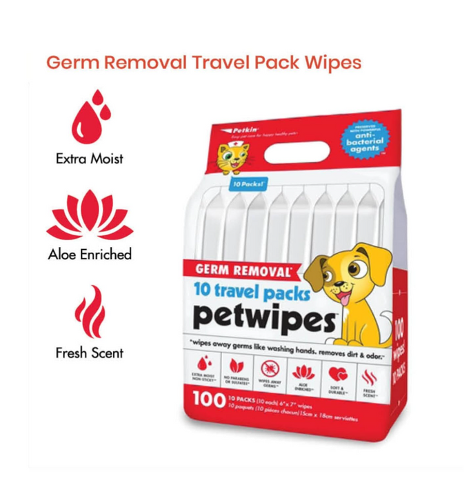 Petkin Germ Removal Pet Wipes For Cats & Dogs (Travel Pack) 100ct