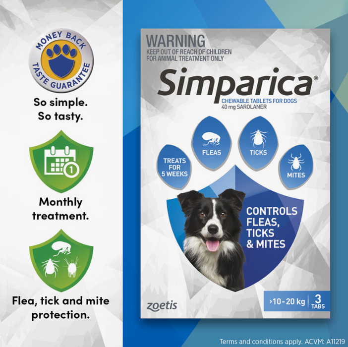 Simparica Anti Flea & Tick Chews For Medium Dogs (10.1-20kg) 3ct