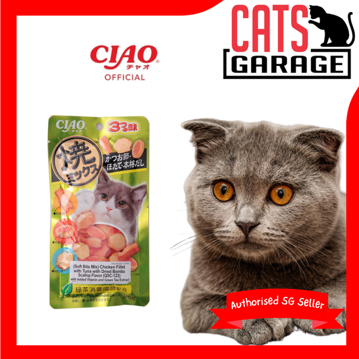 CIAO Soft Bits Mix Chicken Fillet with Tuna, Dried Bonito and Scallop Flavour 25g