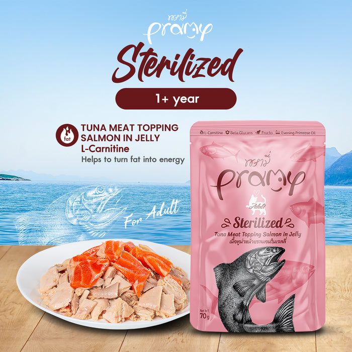 Pramy Sterilized Tuna Meat Topping Salmon in Jelly for Adult Cat 70g X12