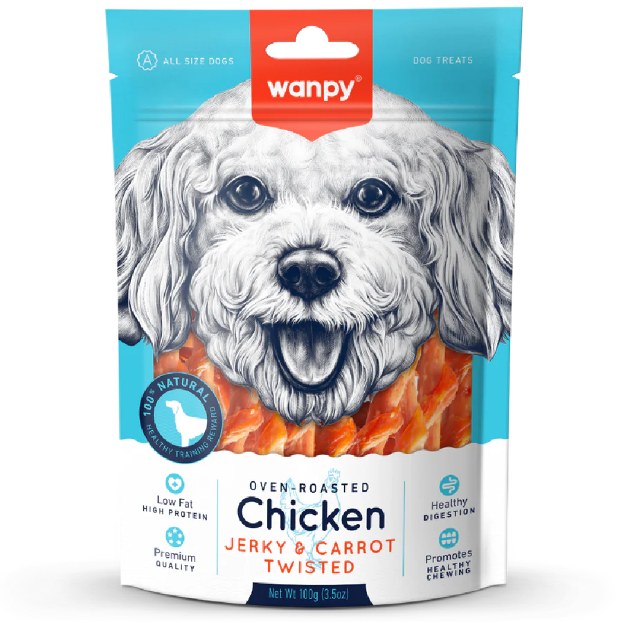Wanpy Oven-Roasted Chicken Jerky & Carrot Twisted 100g Dog Treats X3