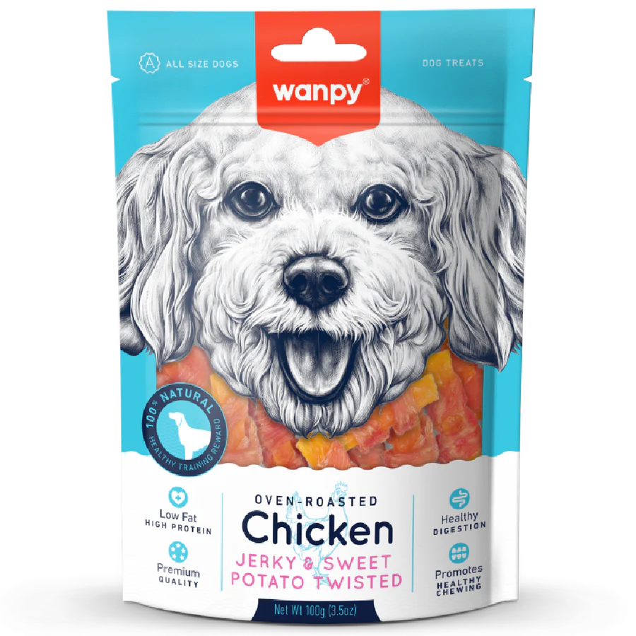 Wanpy Oven-Roasted Chicken Jerky & Sweet Potato Twisted Dog Treats 100g X3